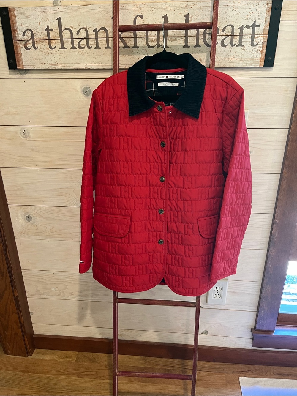 Tommy Hilfiger Red Quilted Jacket with Black Collar